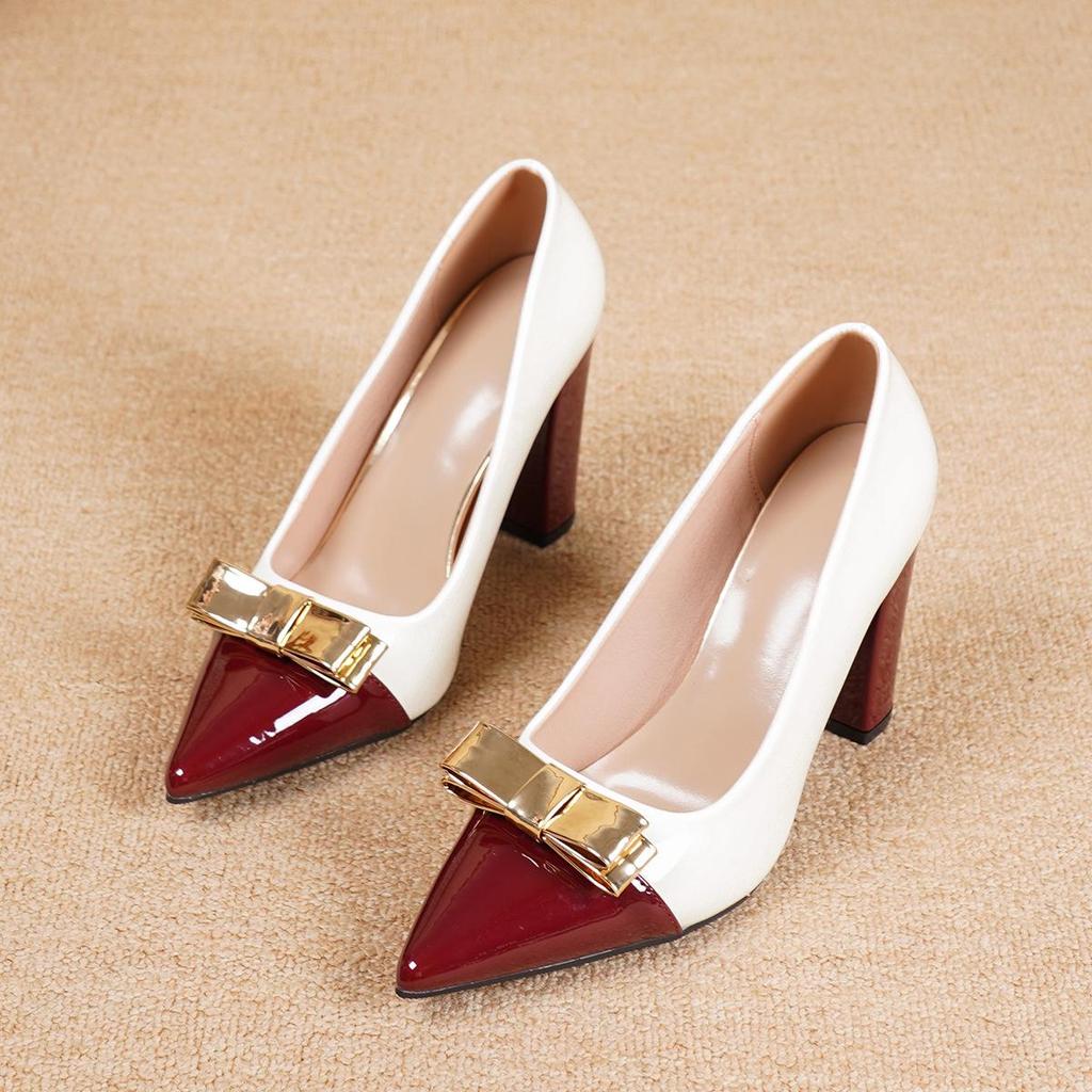 European & American Women's Chunky Heel Bow High Heels - Patent Leather, Pointed Toe, Plus Size