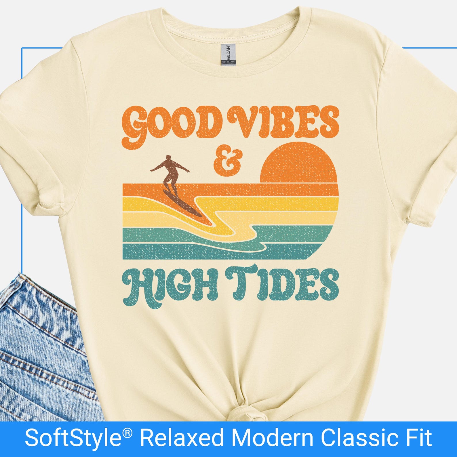 Good Vibes High Tides Shirt, Retro Surf Sunset Tee, 70s Beach Graphic T Shirt, Surfer Gift, Ocean Lover Gift, Surfing Lover Tee S