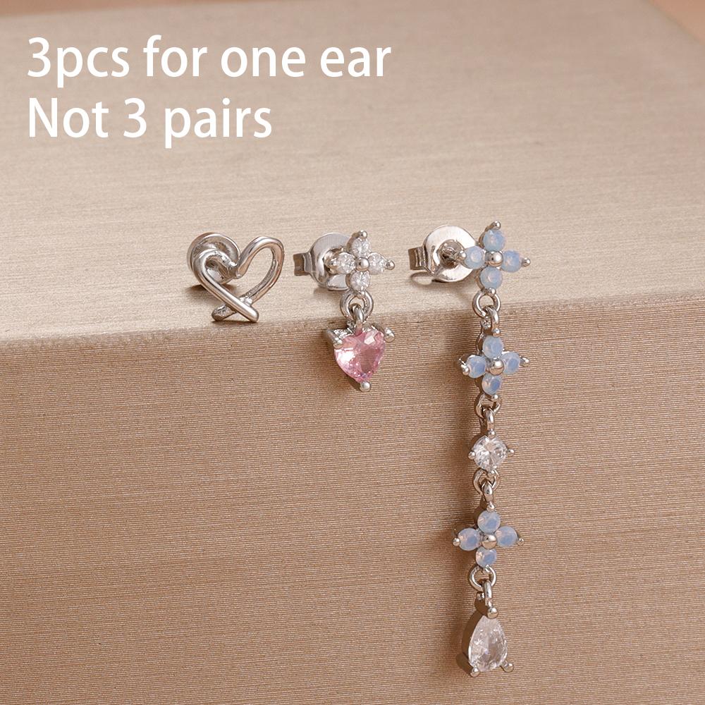 3PCS Simple Fashion Blue Flower Drop Earrings Set For Women Girl 18K Gold-Plated Zirconia Star Sun Stud Earring Piercing Jewelry