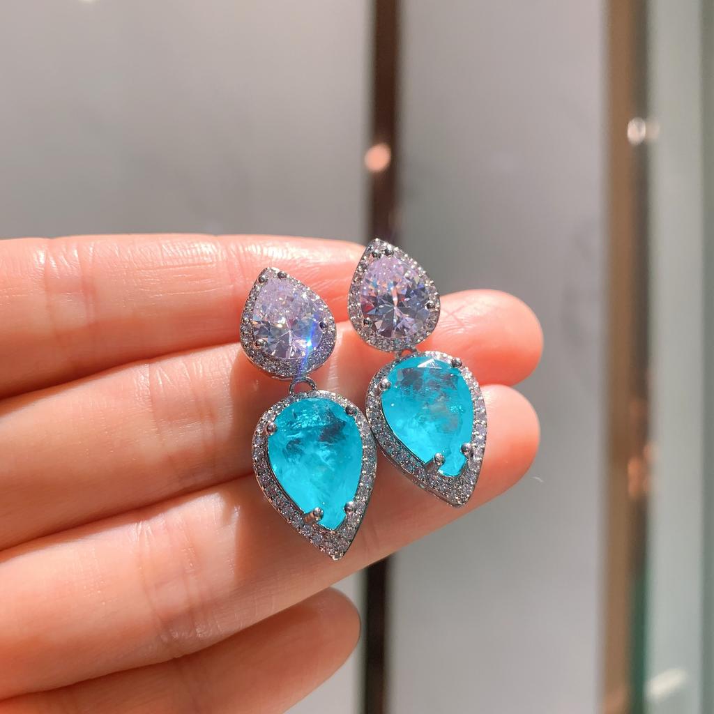 Jewelry Sky Blue Simulation Paraiba Large Water Drop Jewelry Set Stud Earrings 10 * 14 Pendant 15 * 25