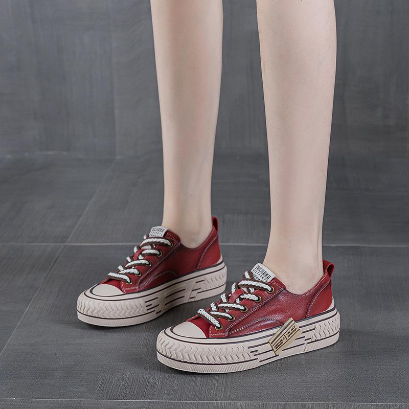 The first layer of cowhide retro red board shoes women's spring new versatile lace-up single shoes sports and leisure white shoes