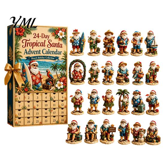 Summer Beach Santa Claus 2026 Advent Calendar, 24-Day Acrylic Ornament Set with Calendar Surfing Figures, Tropical Christmas Tree Hanging Decor,