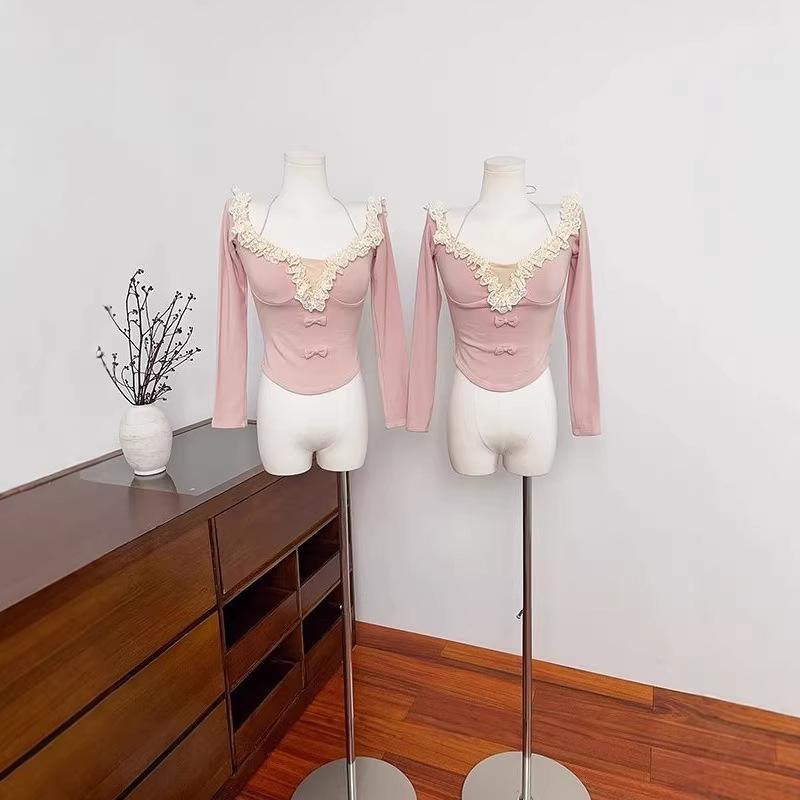 

Sweet Pure Desire One-Shoulder Lace Patchwork Cropped Long Sleeve Women s T-Shirt - Early Spring Arrival Medium рожевий