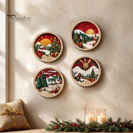Living Room Wall Ornament Round Wooden Winter Mountain Art with 3D Layered Snow Scenery for Holiday Nature Inspired Home Decor Decor, Rustic Christmas