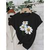 Womens Casual Black Daisy Print Tee White Daisy Green Leaf Design Round Neck Short Sleeve Lightweight Polyester Soft Spring Summer Fashion Top