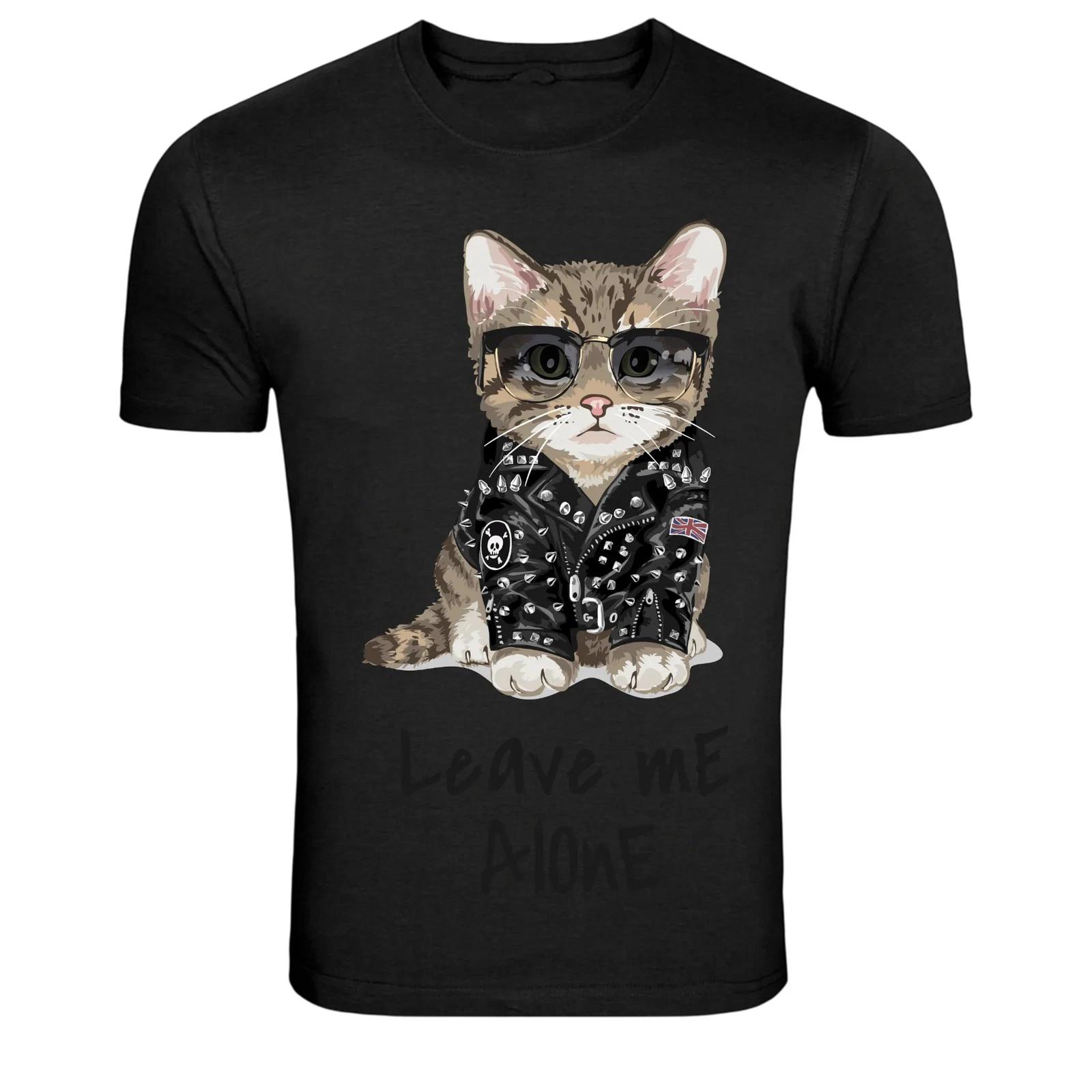 Leave Me Alone Cat With Glasses Punk Graphic T-Shirt XXL