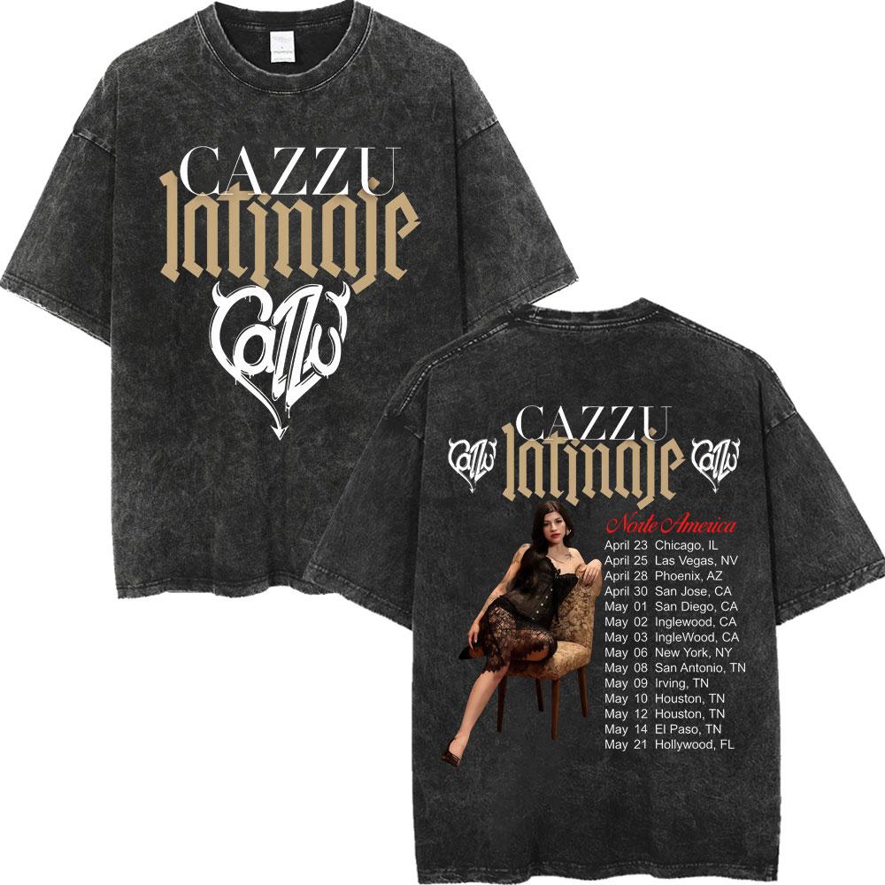 Vintage Washed Cazzu Latinaje Tour  Merch Tshirts Men Women Fashion Aesthetic Tshirt Summer Casual Loose Cotton T Shirts