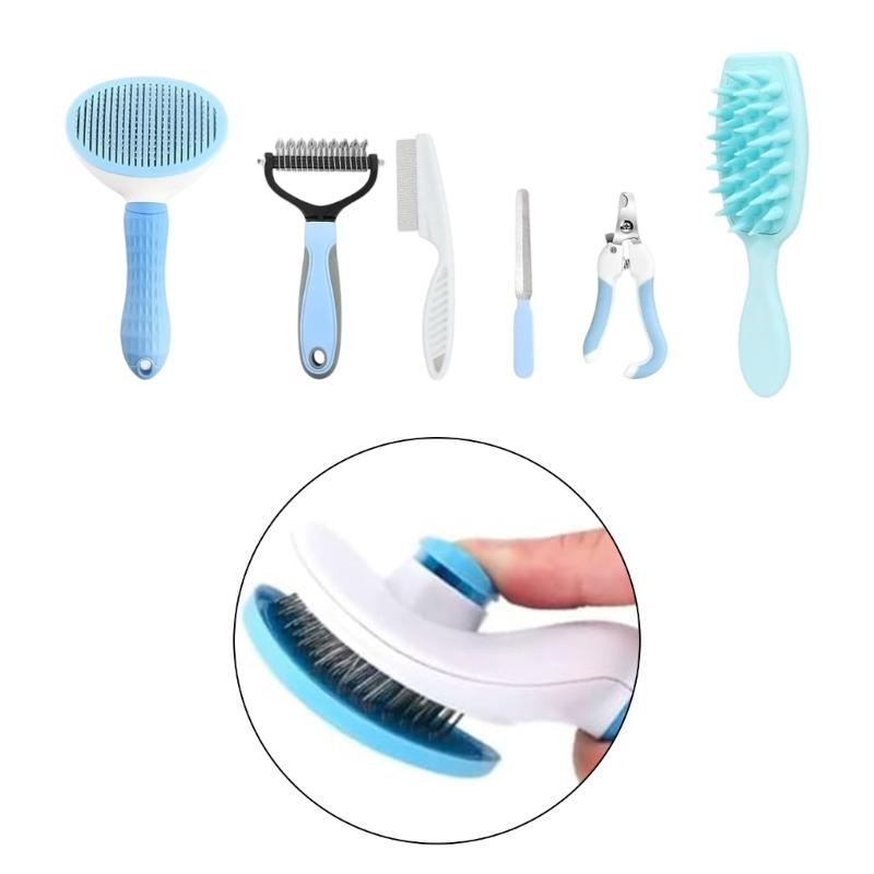 Cats Dogs Rabbits Grooming Set with Brush Comb and Nail Cutter Supplies, Plastic Handles and Metal Grooming Parts for Domestic Coat Care