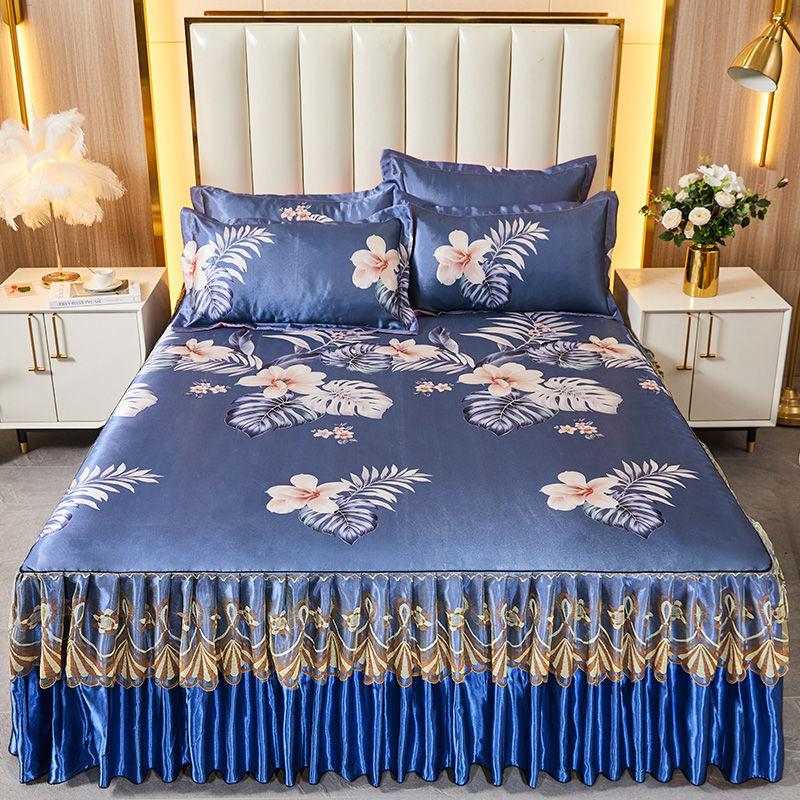 

Коврик из ледяного шелка, юбка-кровать, трехсекционный летний коврик для кондиционера, коврик для кровати, складная моющаяся юбка-кровать 3 pcs 150x200cm