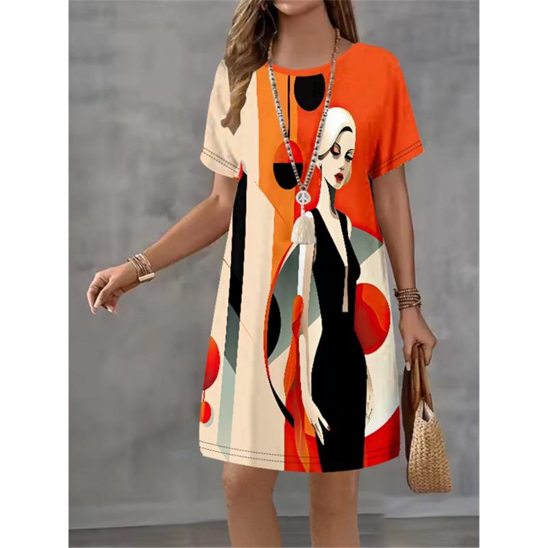 Damen Mode Handgezeichnetes Muster Druckkleid Sommer Neues Temperament Elegant Lässig Damen A-Linien-Kleid Kurzarm Minikleid