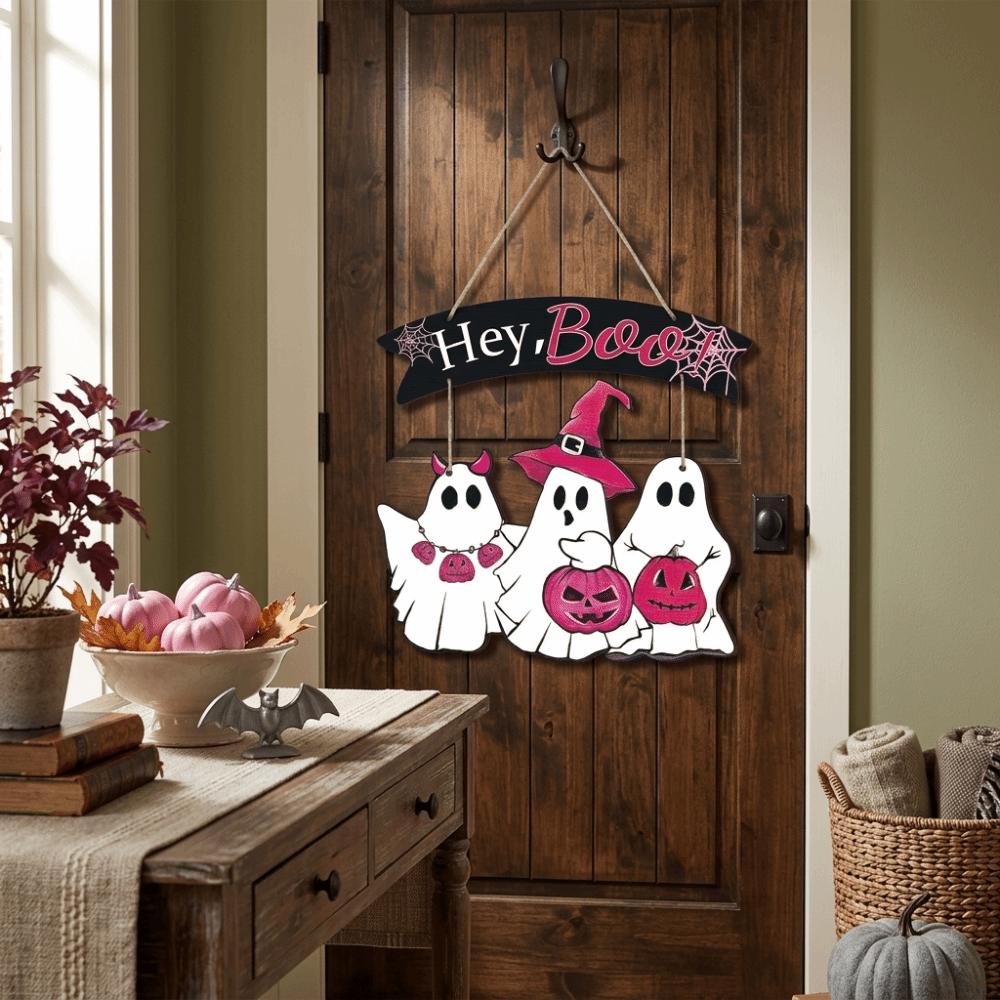 Wooden Halloween Ghost Door Sign Cartoon Haunted House Hanging Door Plate Halloween