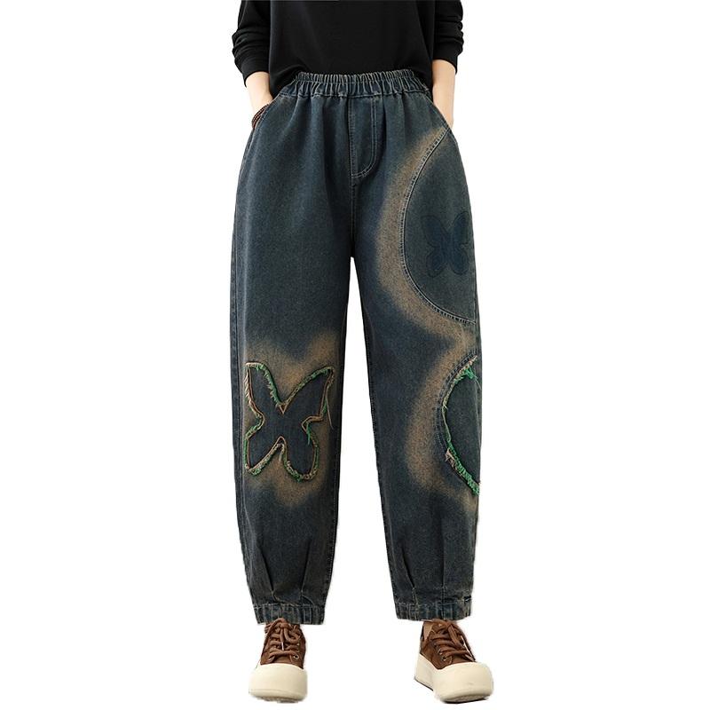plus size Vintage embroidery high waist casual Women spring autumn jeans denim Harem Pants