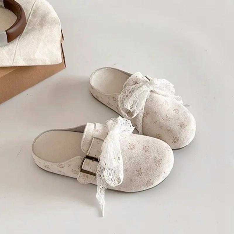 Fashion National Style French Lace Bow Baotou Half Slippers for Women's Outward Wear 2025 Summer New Platform Cool Mop