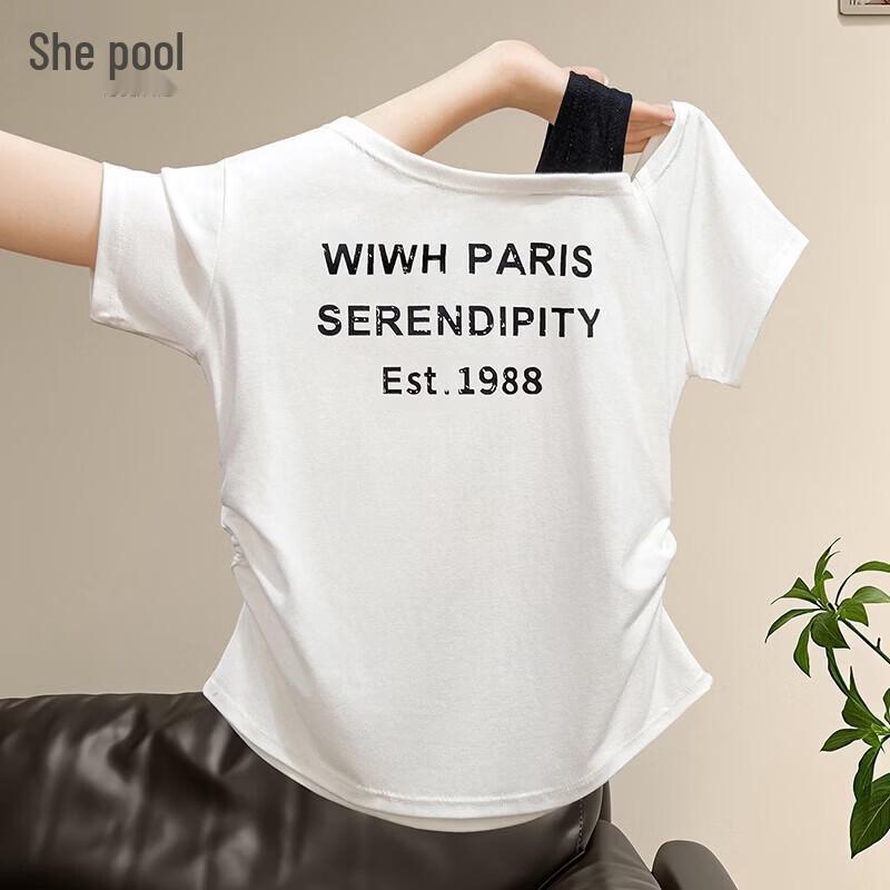 Women s Letter Print Asymmetrical Collar Pleated T-Shirt L