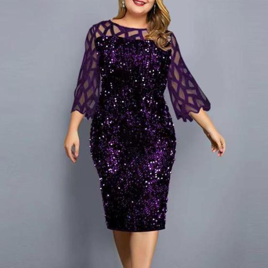 Dámské šaty Flitrové Síťované Prošívání Bodycon Duté 3/4 Rukáv O-výstřih Midi Šaty na Svatbu