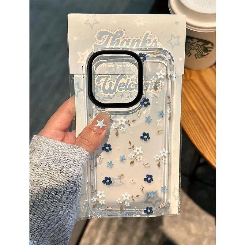 Blue & White Floral Phone Case for Apple 13, 14Pro Max, 15, 12, 17Pro - Full Screen, Transparent, Cute, Drop-Proof.