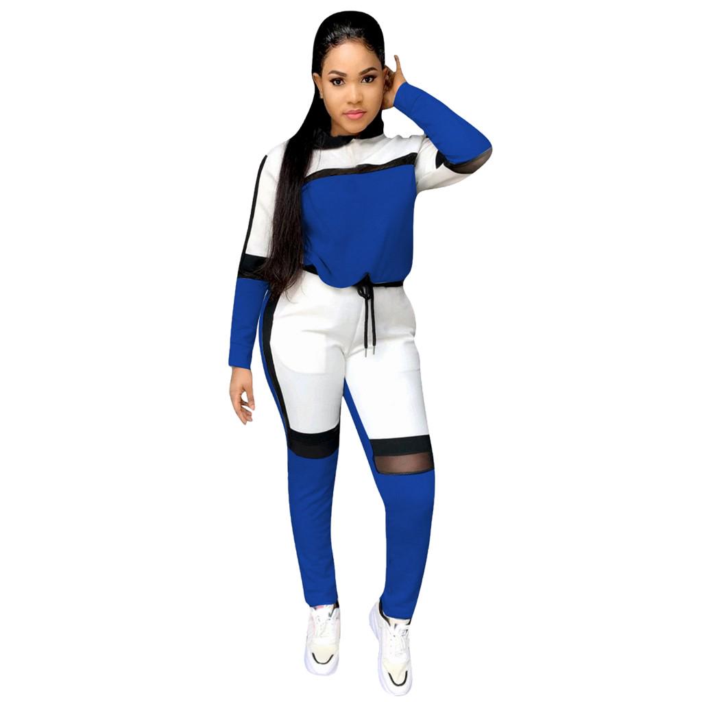 Fashion Women's Casual Color Splicing Long Sleeve T-Shirt Long Pants Sports Set