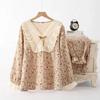 Spring Summer Women's Pajamas Suit Long Sleeved Trousers Two-Piece Cotton V-Neck Household Clothes