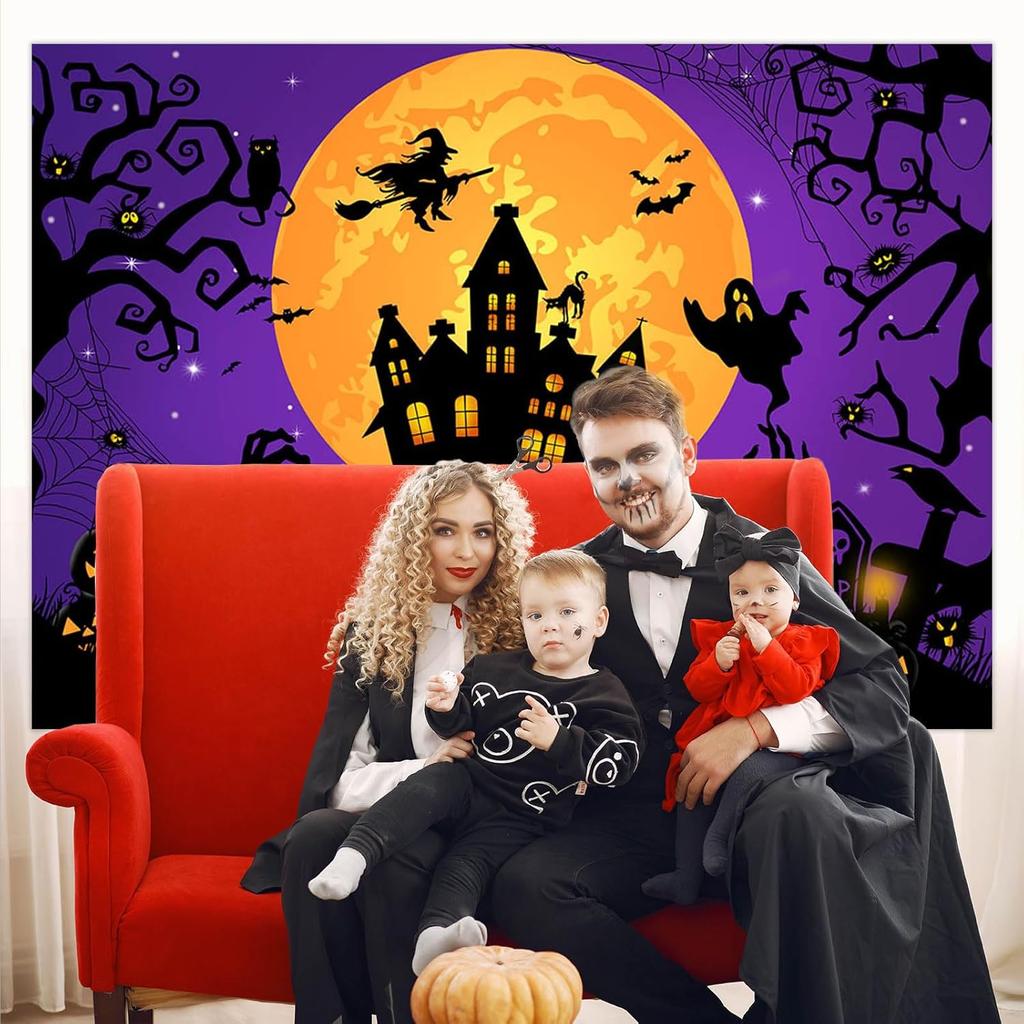 Avezano Halloween Backdrop Horror Moon Night Halloween Backgrounds for Parties Haunted Castle Scary Party Decoration, Orange 7 x