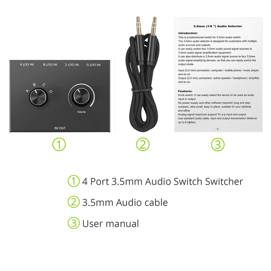 4-Wege/2-Wege 3,5-mm-Stereo-Audio-Umschalter, bidirektionaler Audio-Umschalter, Splitterbox, 2 Eingänge, 1 Ausgang, 4 Eingänge, 1 Ausgang mit Stummschalttaste