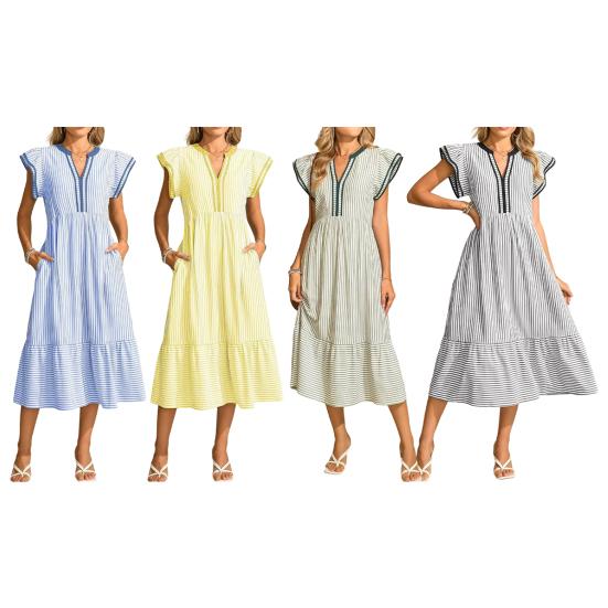 Abito Midi a Strisce da Donna Manica a Sbuffo a Cappuccio Scollo a V Svasato Lungo Abito Estivo per Vacanze al Mare Abito a Sbuffo Fluttuante