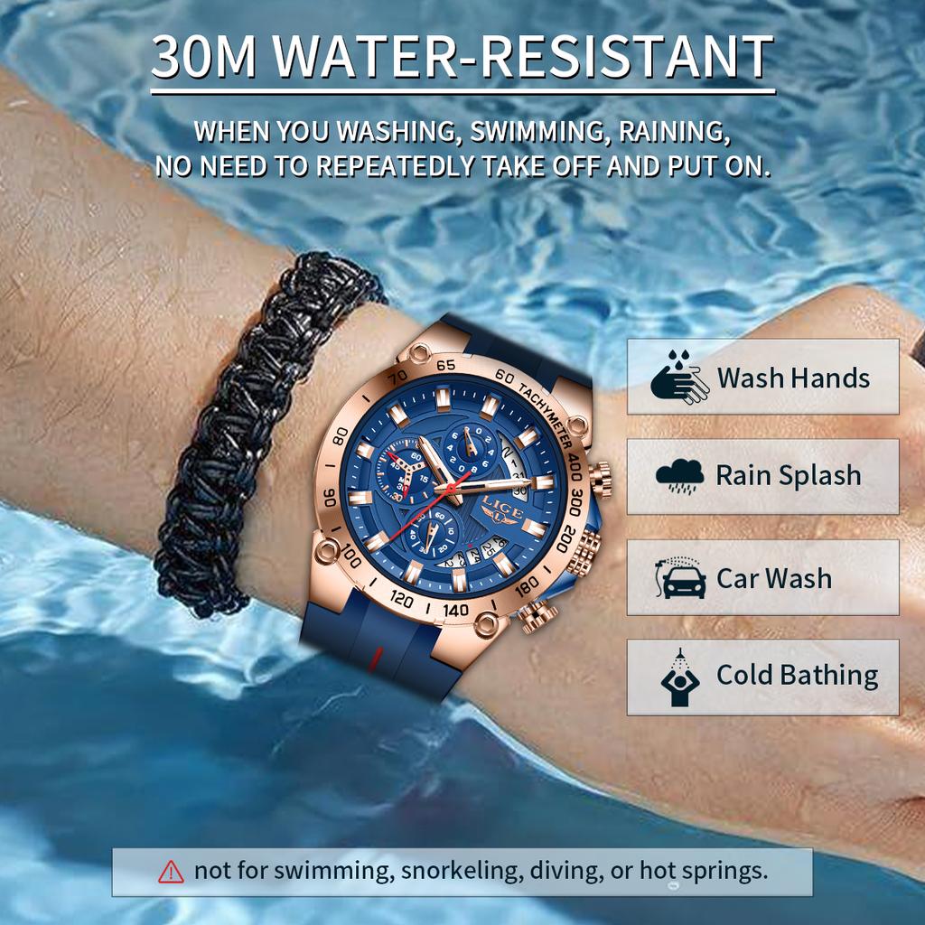 LIGE Luxury Military Men Watch Waterproof Luminous Date Sport Man Wristwatch Chronograph Silicone Strap Quartz Men's Watches+Box