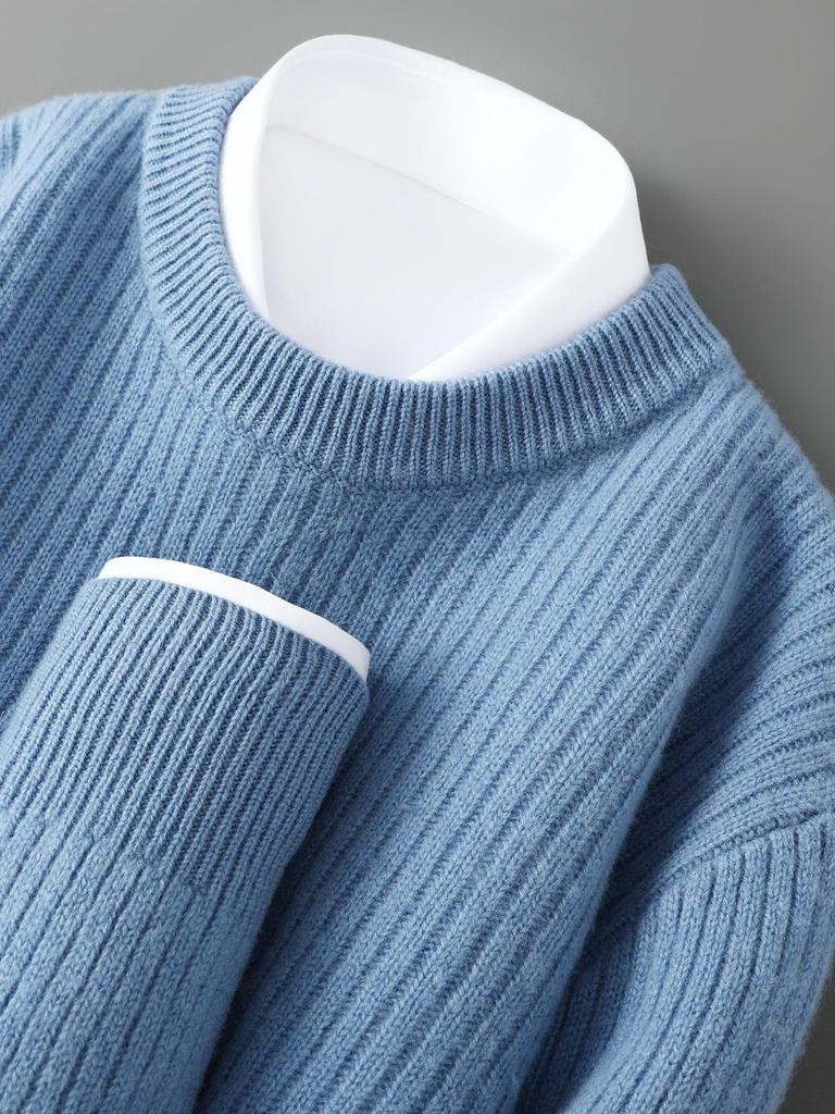Men's Autumn/Winter Wool Round Neck Solid Color Long Sleeve Loose Fit Knit Sweater Plus Size.