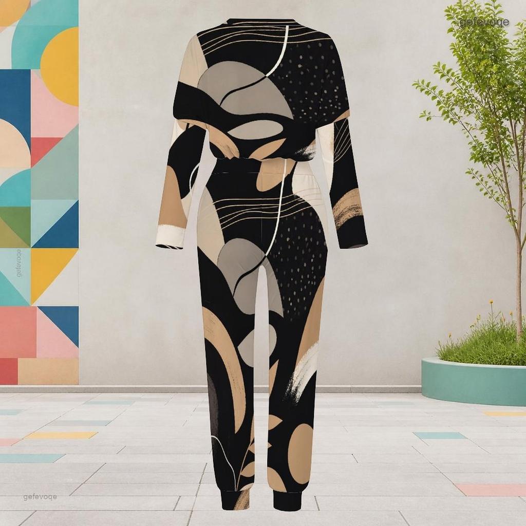 Women Plus Size Printed Round Neck Long Sleeve Two Piece Set Cuffed Top And Pants With Pockets