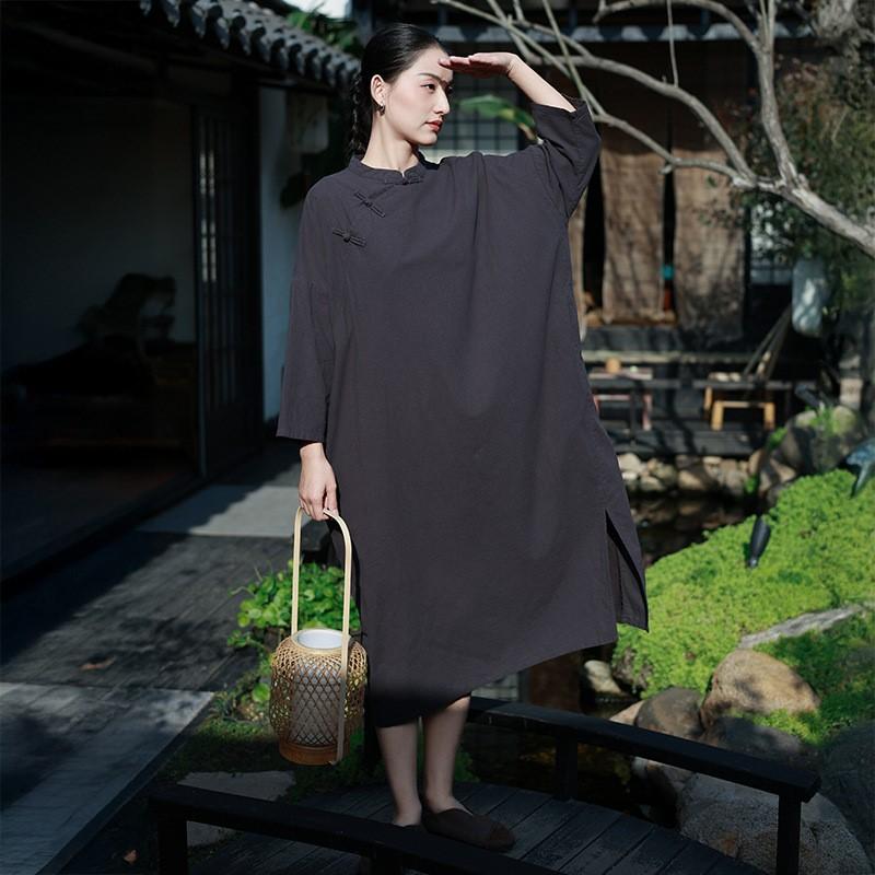 Johnature Women Chinese Style Dress Stand Long Sleeve Spring Solid Color Button A-Line Vintage Dresses