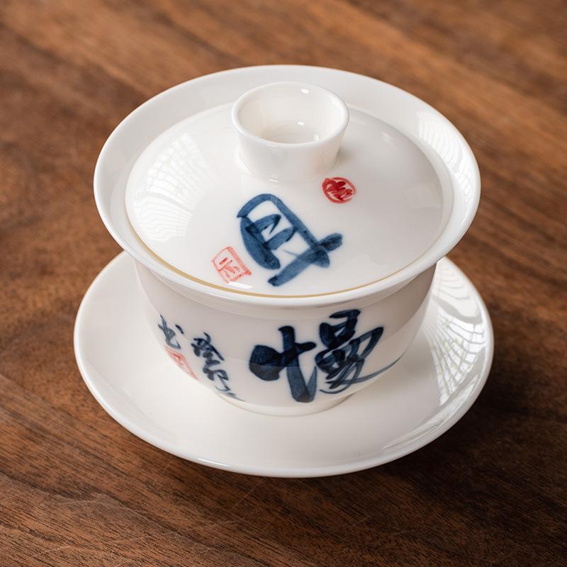 Hand-painted Suet Jade Porcelain Three Talents Cover Bowl Teacup Kung Fu Tea Set Tea Bowl Modern Creative Large-capacity Gifts