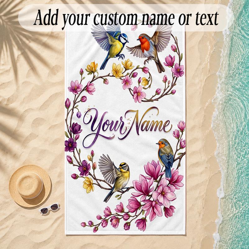 Birds Theme Soft Beach Towel Personalized Custom Name Text Towel Portable for Beach Pool Travel