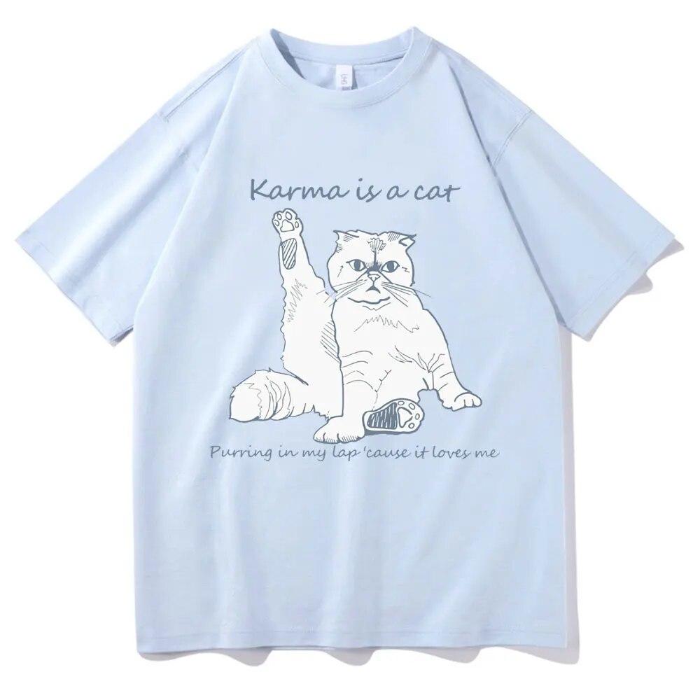 Karma Is A Cat T-skjorte med grafisk trykk Unisex kvinner Uformell Søte T-skjorter i bomull Overdimensjonerte par Kortermet Streetwear-gaver