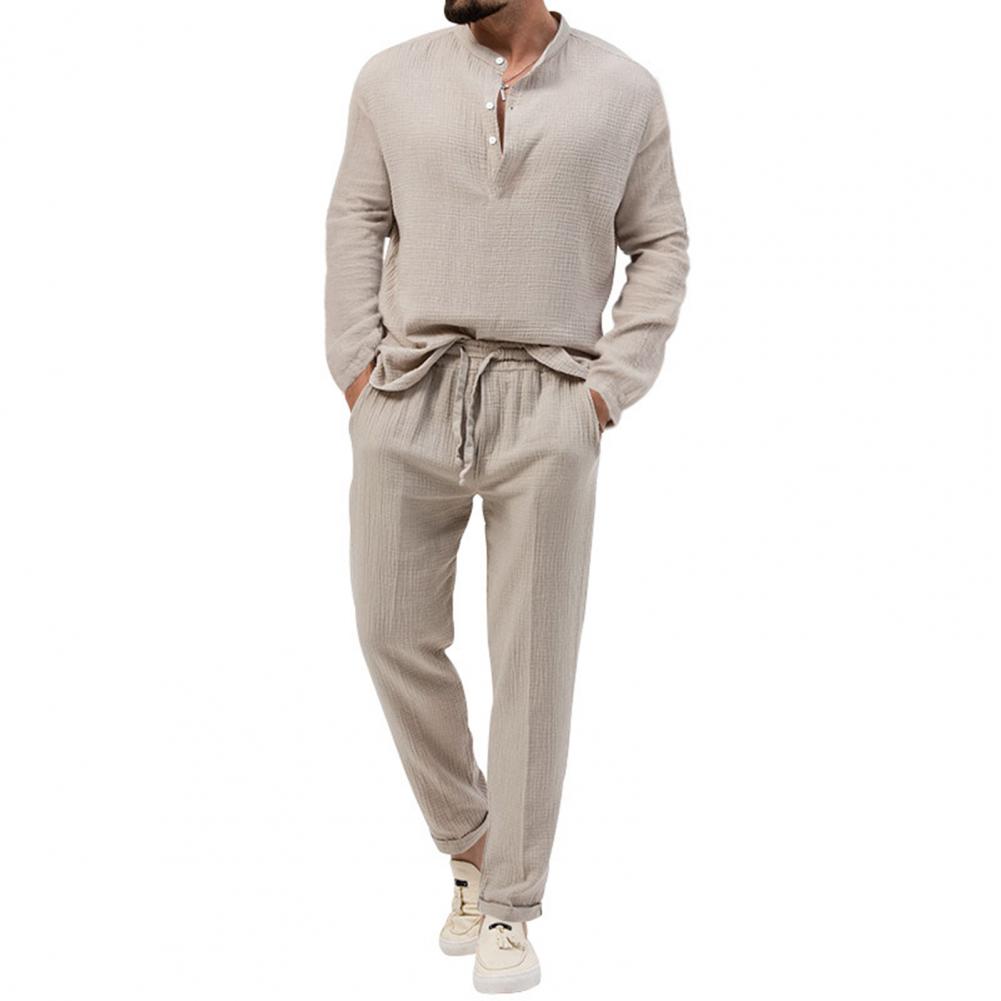 

2Pcs/Set Men Summer Outfit Stand Collar Buttons Neckline Long Sleeve T-shirt Elastic Waist Drawstring Pockets Long Pants Set M абрикосовый