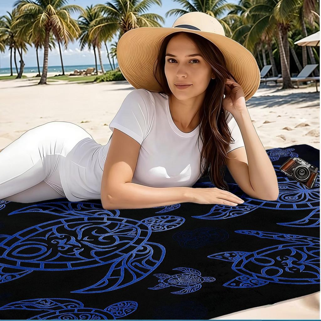 1pc, Blue Ocean Style Large Soft Beach Towel with Turtle Totem Print, Microfiber Bath Towel, Quick-Drying and Super Absorbent