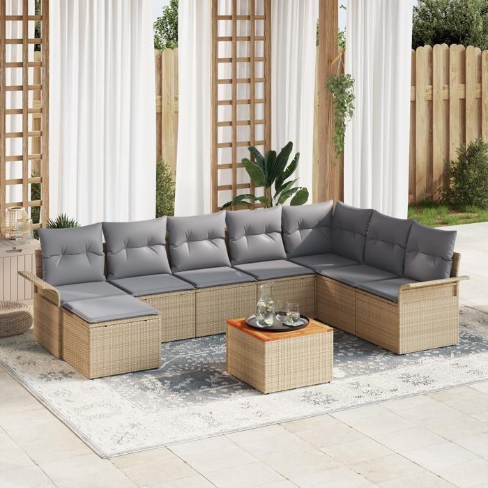 VidaXL Ensemble de Canapé de Jardin 9 Pièces avec Coussins Beige Poly Rattan Acacia 3347364