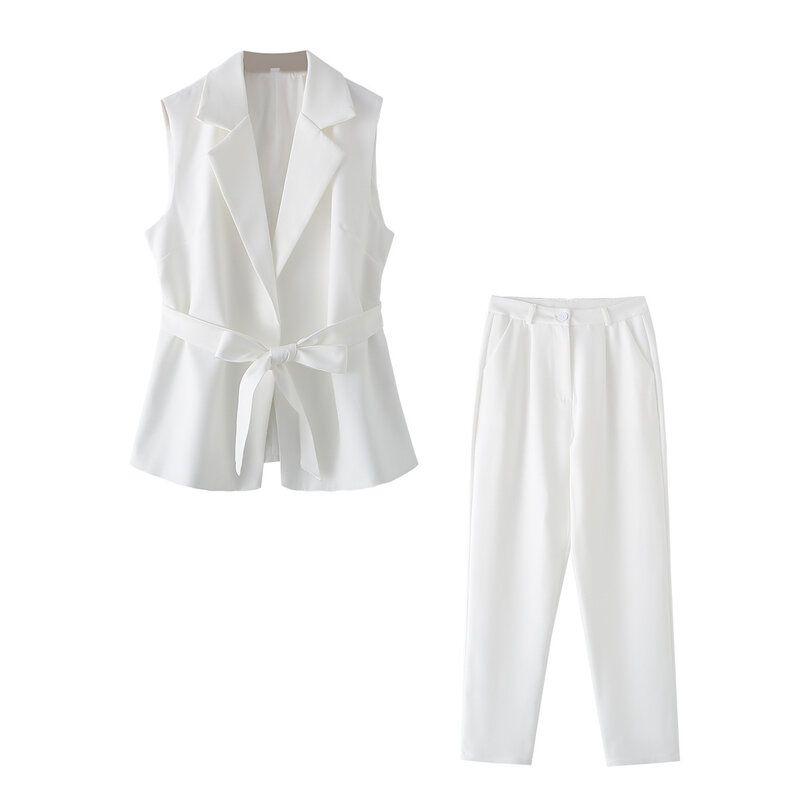 Western Style Women clothes 2024 Summer New Fashion Trendy With Belt Sleeveless Vest Casual Trousers Set