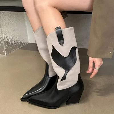Luxury Pointed Toe Western Cowboy Boots Women  New Retro Knight Boots for Women Leather Splicing Chunky Heel Mid Calf Boots
