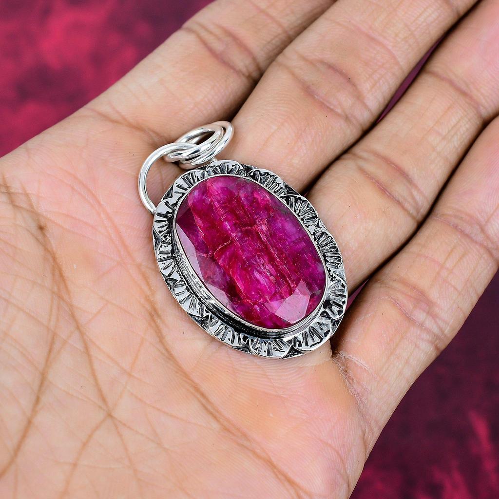 Lab Created Ruby Pendant Gemstone Jewelry, 925 Solid Sterling Silver Handmade Pendant, Latest Design Jewelry