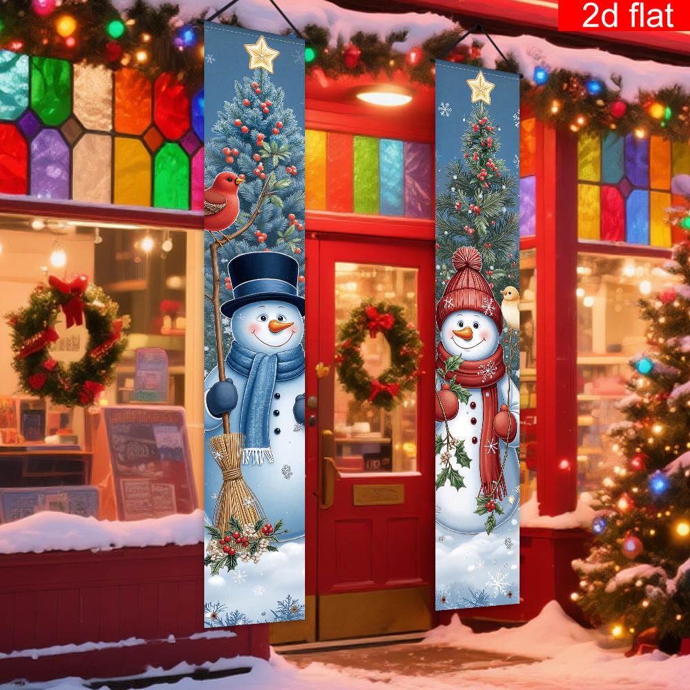 Merry Christmas Door Banner Couple Snowman Snowy Tree Scenes 1 Pair Indoor Outdoor Decor