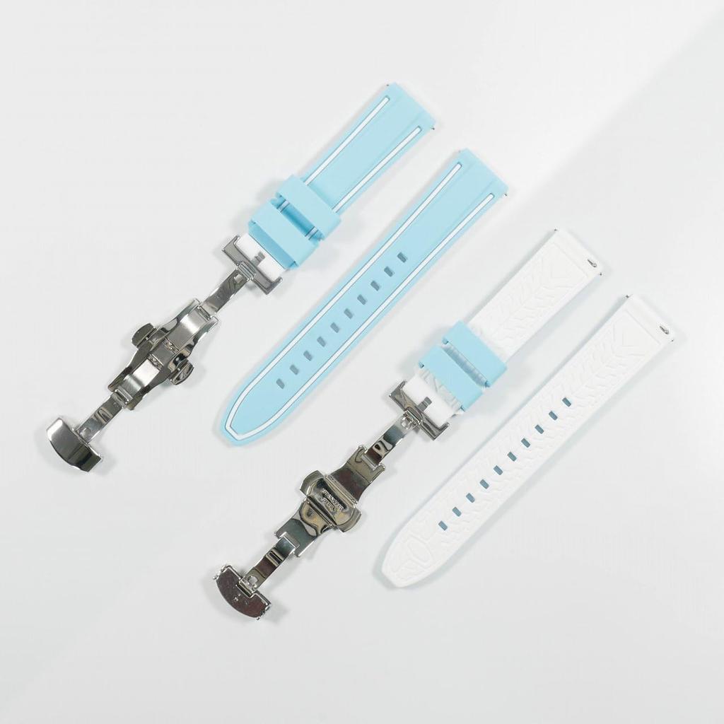 Swatch x Omega compatible rubber strap with type blue with white D-buckle, double-line (light lines)