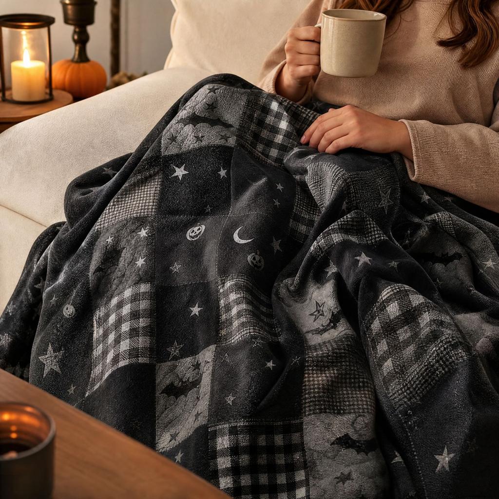 Halloween Plaid Flannel Throw Blanket with Single-Sided Print, Cozy for Couch and Bed
