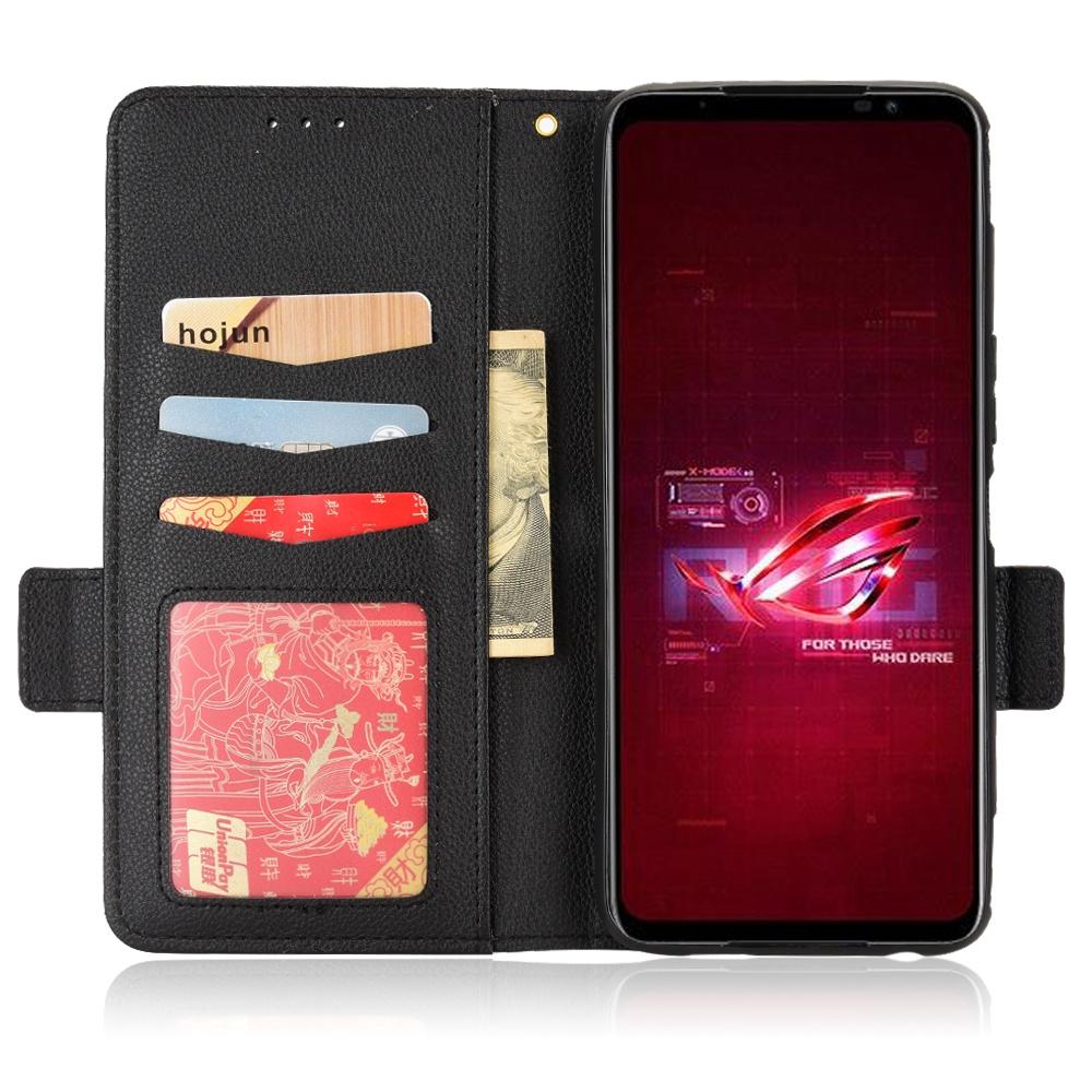 

For Asus ROG Phone 6 5G/Phone 6 Pro 5G PU Leather Dual Magnetic Clasp Flip Cover Stand Feature Litchi Texture Wallet Purse Case Black