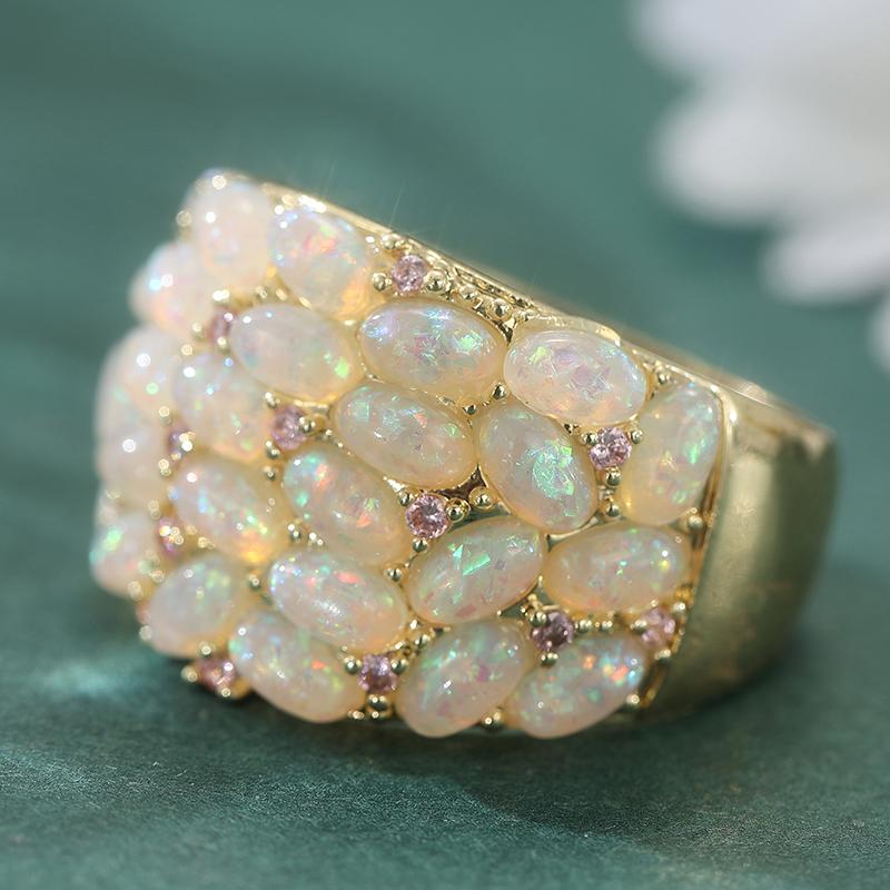 Elegant Classic Inlaid Synthetic Opal Golden Plated Wide Ring for Women's Fashion Temperament Wedding Anniversary Jewelry Crafts
