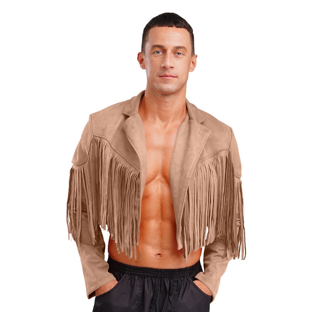 Herren Fransen Wildlederimitat Jacke Cropped Design Reverskragen Langarm Offene Vorderseite Strickjacke 80er Hippie Cowboy Stil