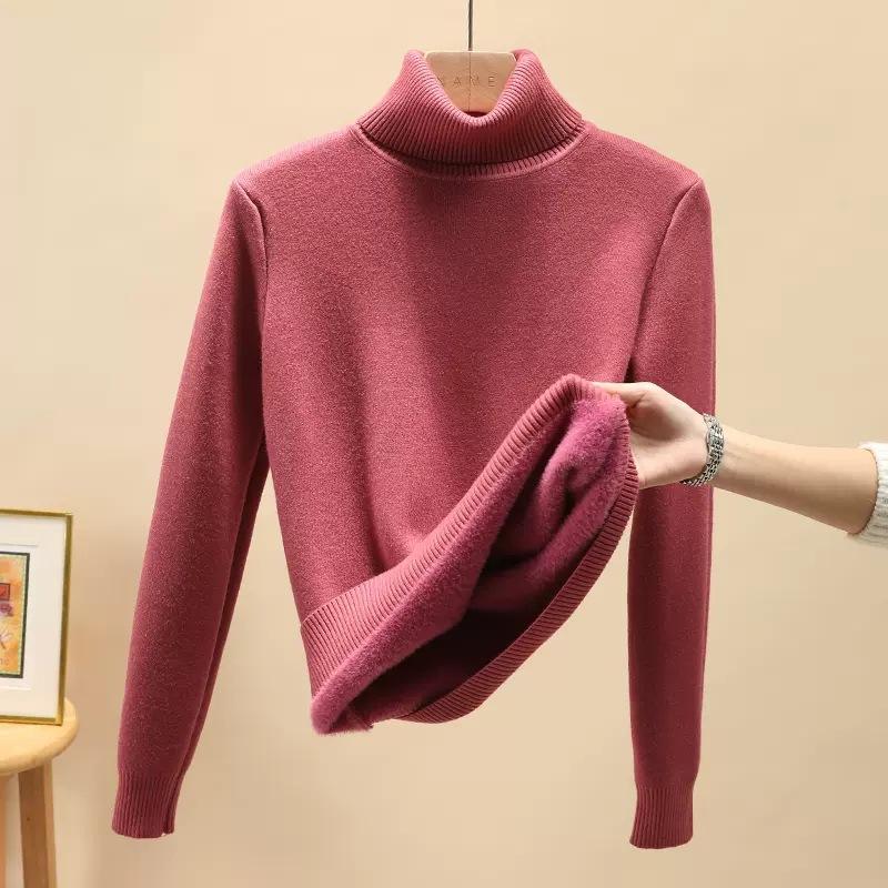 Rolák Zimní Svetr Dámský Elegantní Zesílený Sametová Podšívka Teplý Sueter Pletený Pulovr Slim Top Pletené Oblečení Svetr