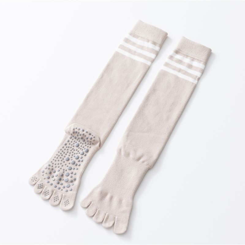 

Spring & Fall New Five-Finger Long Tube Yoga Socks Women s Five-Toe Stripe High Quality Non-Slip Warm Stockings Three Bars Light rice apricot free size 35-39