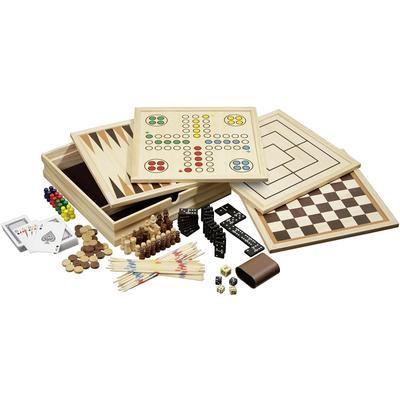 Philos Wooden Game Compendium 30cm 8 In 1 Board Game Nine Mens Playing Cards and Mikado Games for Kids and Adults - - - Chess, Backgammon, Draughts,