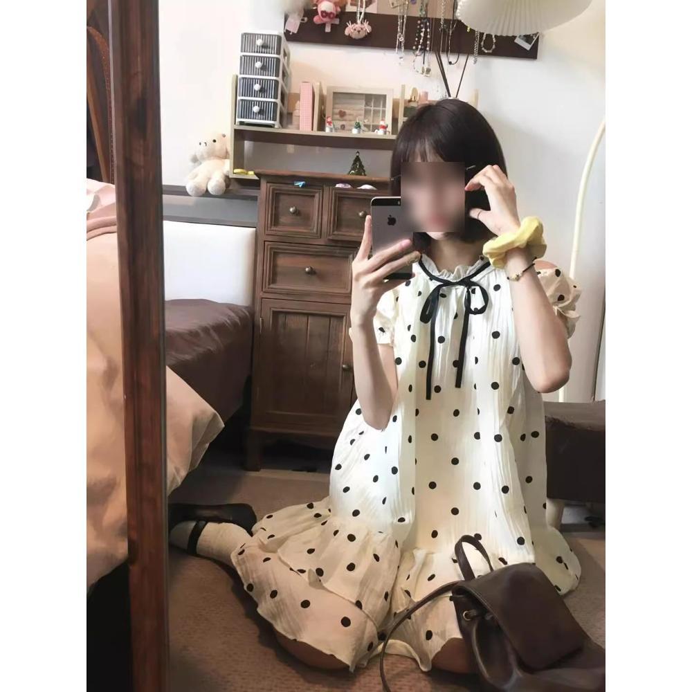 

Французское платье-бэбидолл с открытыми плечами в горошек - Женская летняя пышная короткая юбка XL - 55-60 kg