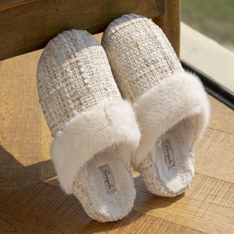 New thick-soled heightened small fragrant slippers autumn and winter indoor household velvet warm and non-slip wool cotton slippers