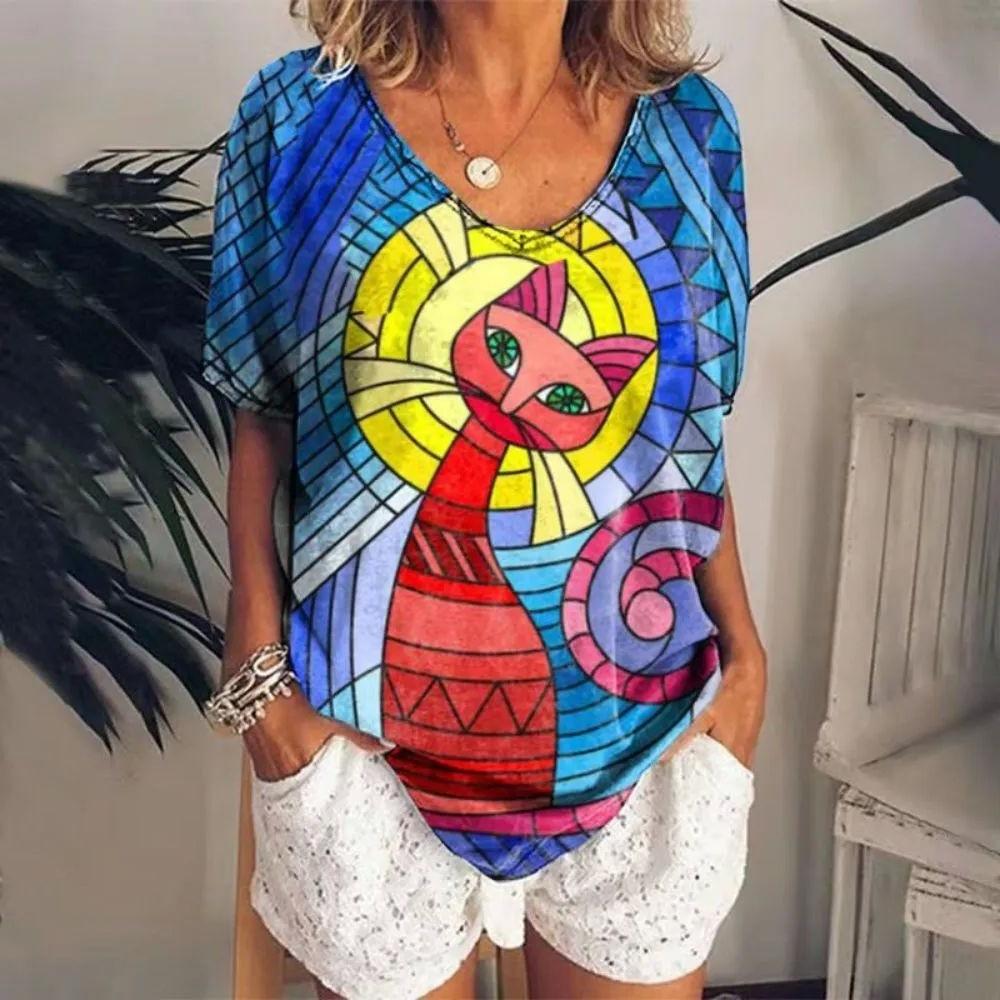 Summer V-neck 3D Cat Printed Top Fashionable Casual Short Sleeved Women's T-shirts